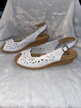 Spring Step White Laser-Cut Slingback Cork Wedges